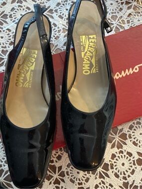 Salvatore Ferragamo Black Patent Slingback Mules